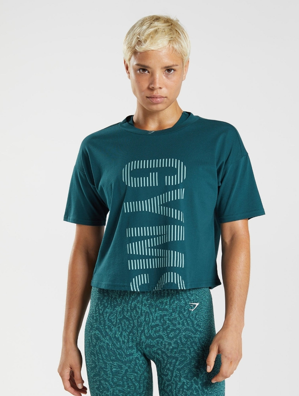 Gymshark 315 Cropped Oversized Cotton Tee Winter Teal Graphic Logo Size S